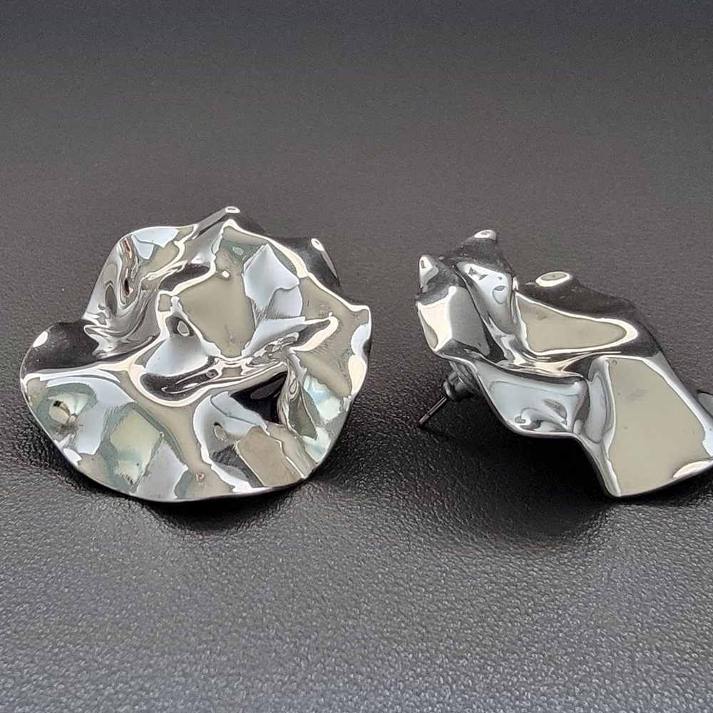 Modern Heirloom Sculptural Silver Tone Earrings | Liquid Metal Statement Stud